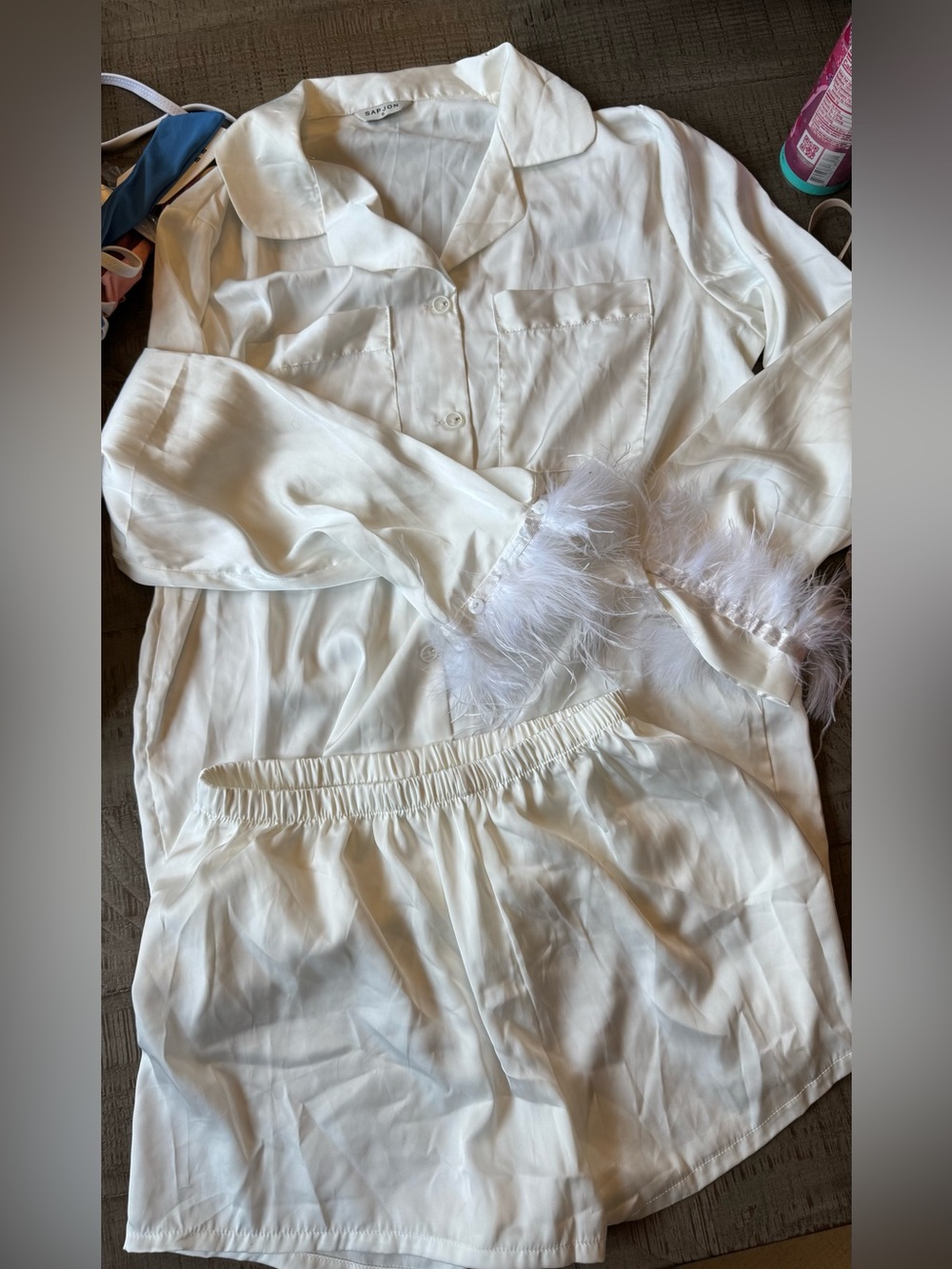 White Feather-Cuff Pajama Set